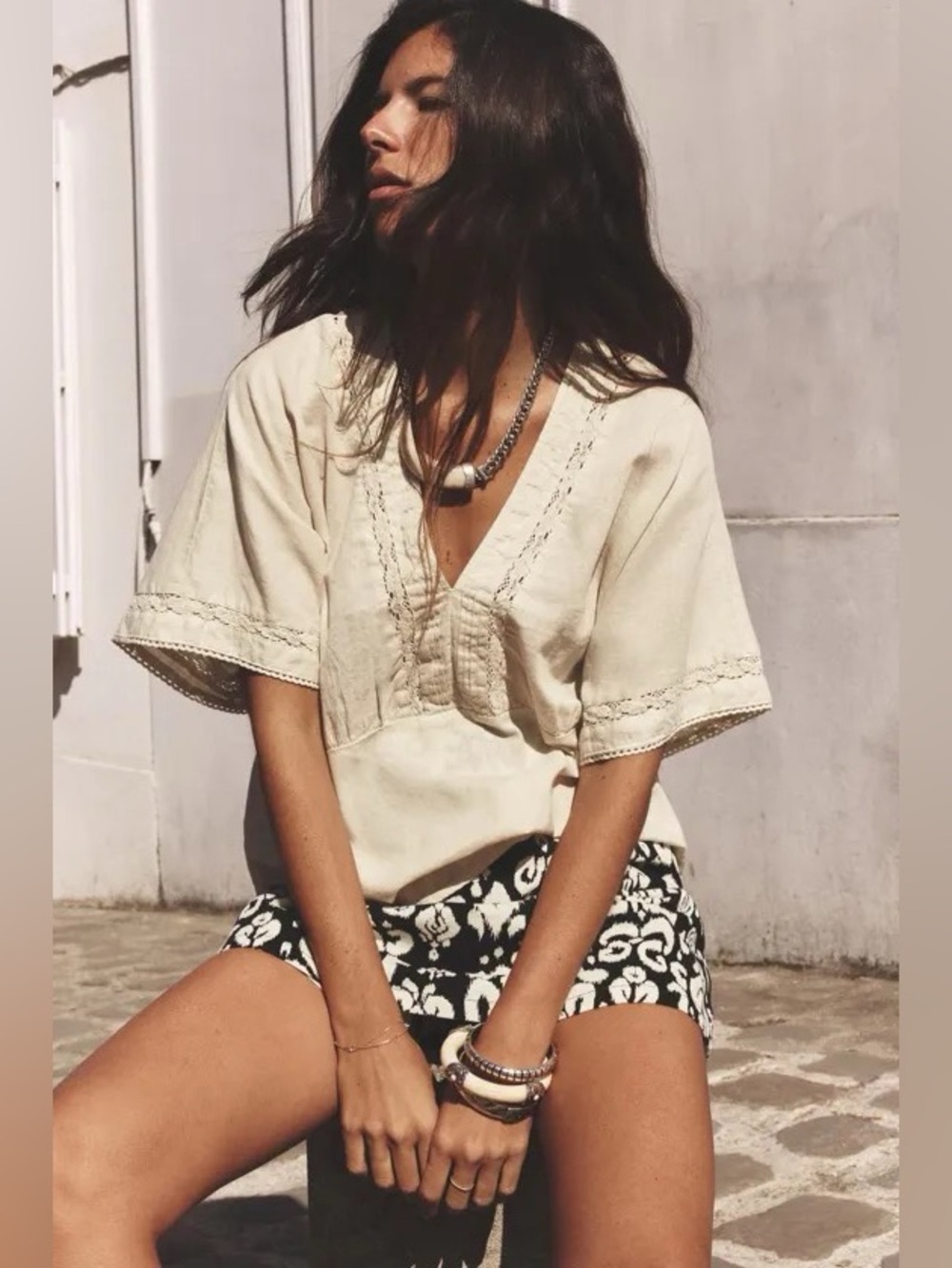 NWOT ZARA V-Neck Lace Trim Linen Blend Top